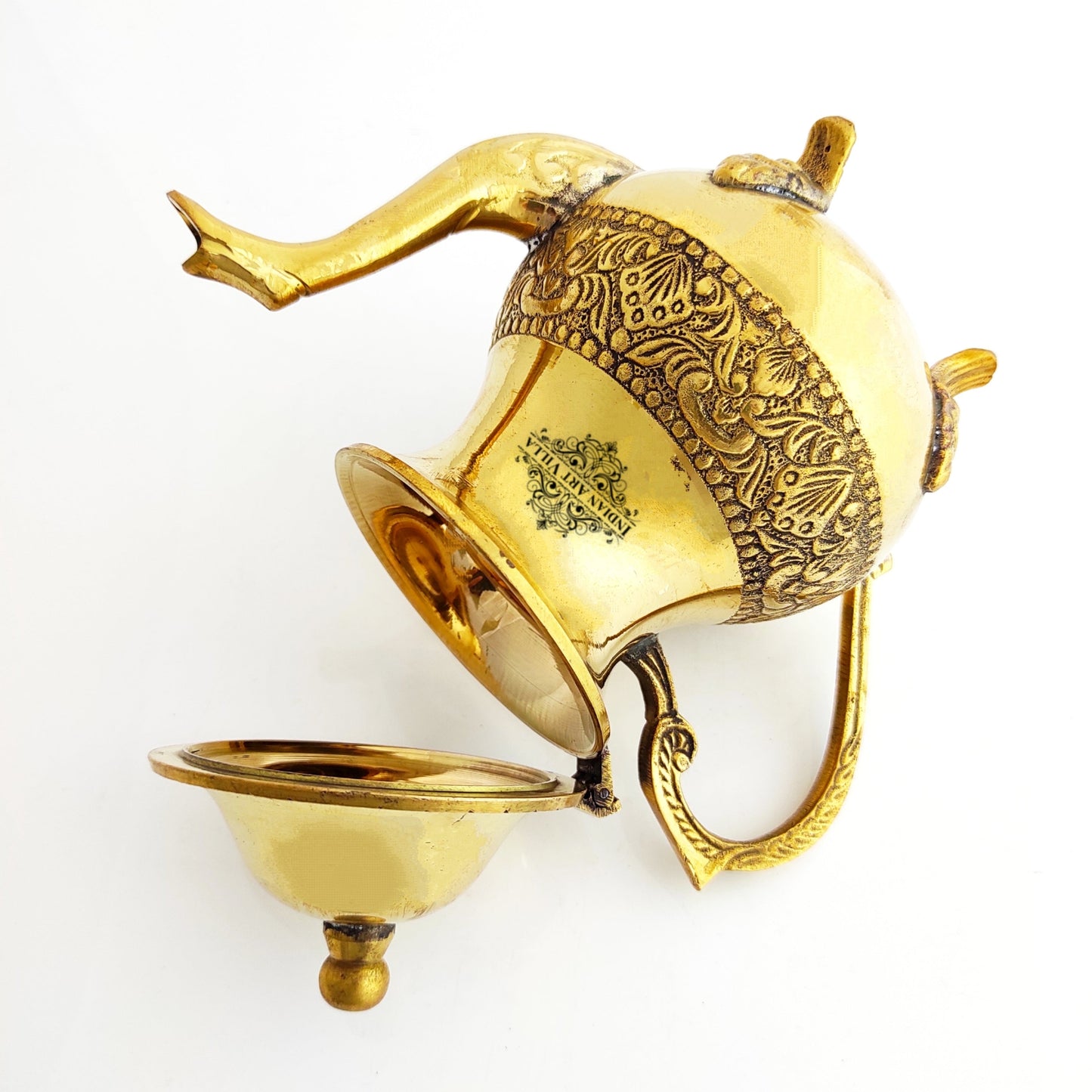 Designer Embossed Mughlai Brass Tea Kettle Pot Inside Tin Lining, Serving Tea Coffee, Tableware, 500 ML, Gold