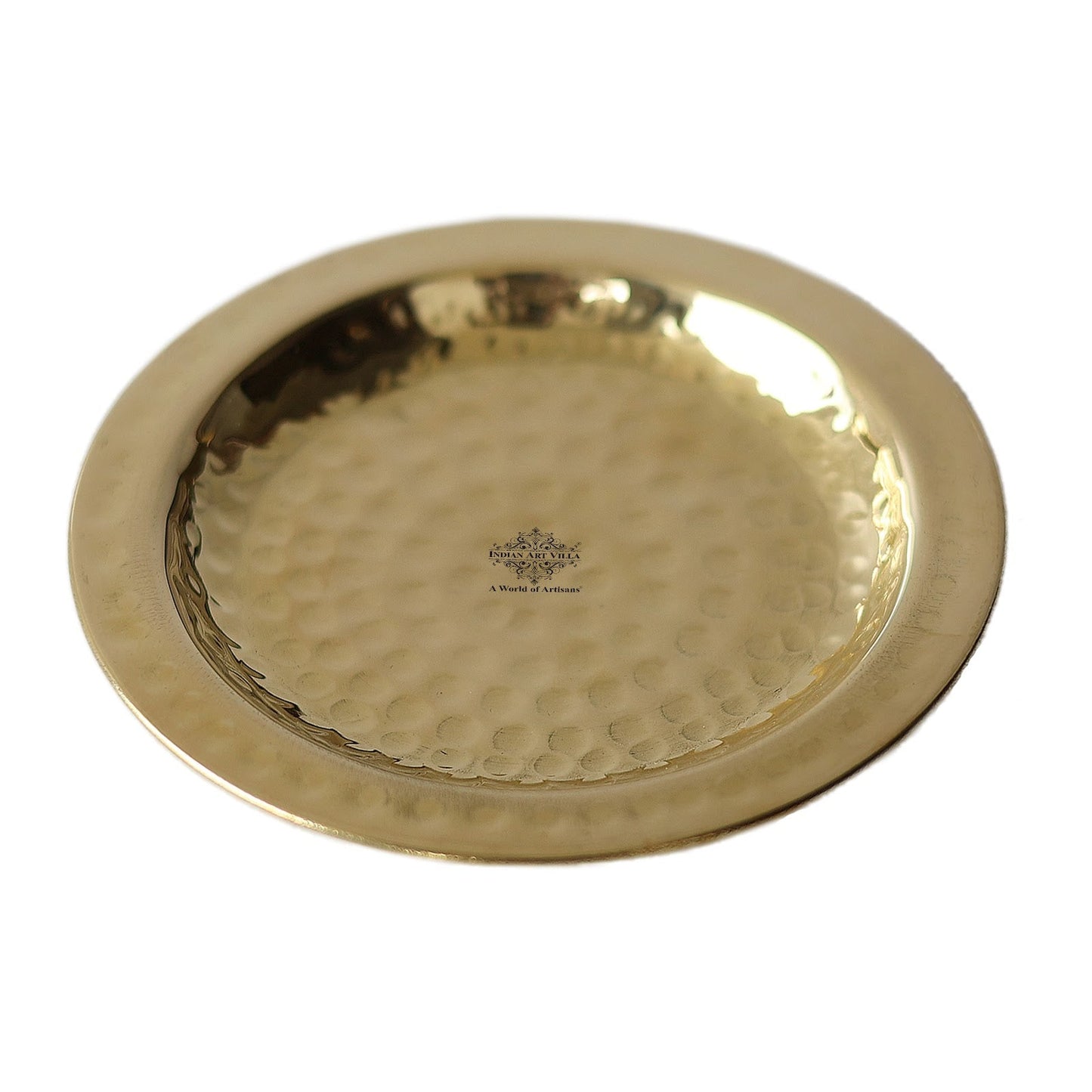 Handcrafted Pure Brass Coaster With Hammered Design, Diameter-11.43 cm, Gold