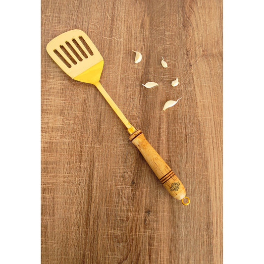 Pure Brass Gold Tavetha / Slotted Turner for Dosa, Roti, Chapati With Wooden Handle - Length - 37.59 cm