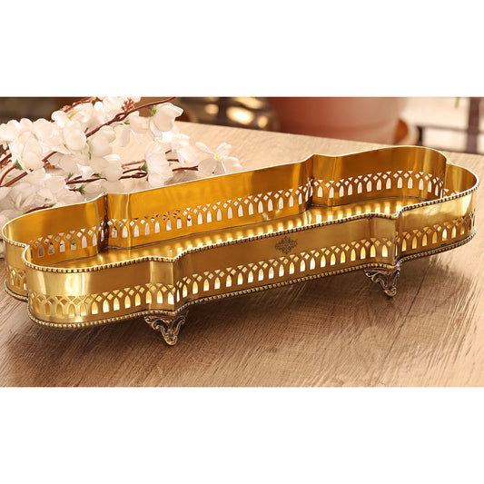 Brass Matt Finished Decorative Rectangular Shape Designer Tray 46.23 cmx16.26 cm With 4 Designer Standing Legs