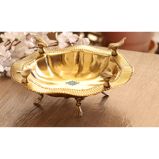 Pure Brass Designer Round Serving Tray With Leaf Design On 4 sides 12cmx34cm