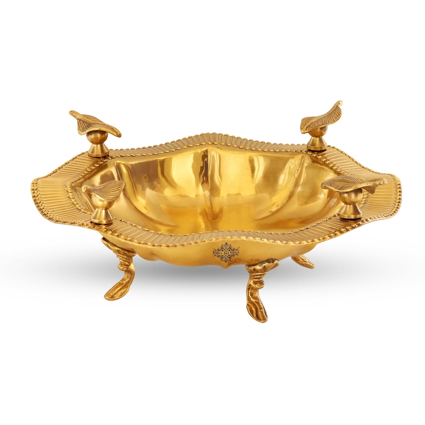 Pure Brass Designer Round Serving Tray With Leaf Design On 4 sides 12cmx34cm