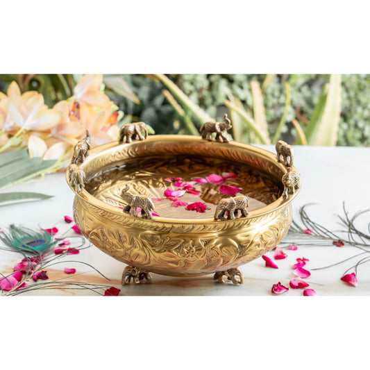 Pure Brass Embossed Design Urli with Elephant Statue