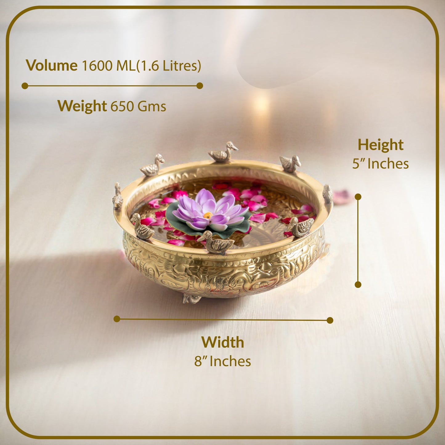 Brass Urli with Embossed Duck & Lotus Flower Design – Traditional Urli