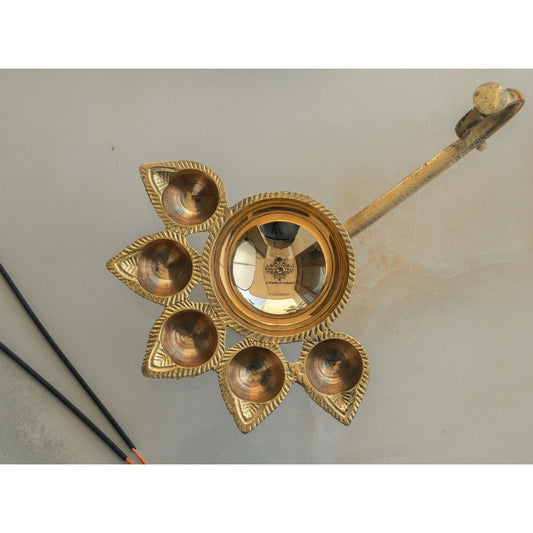 Brass Panch Aarti Diya with Antique Design – 9.7 x 6 Inch Traditional Pooja Diya