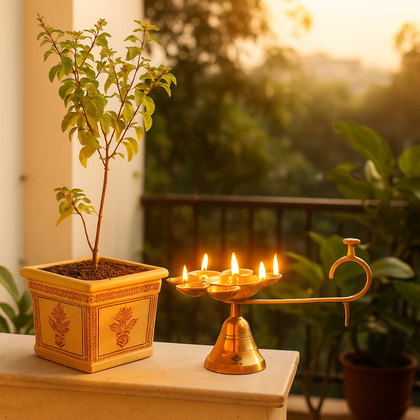 Brass Panch Aarti Diya with Antique Design – 9.7 x 6 Inch Traditional Pooja Diya