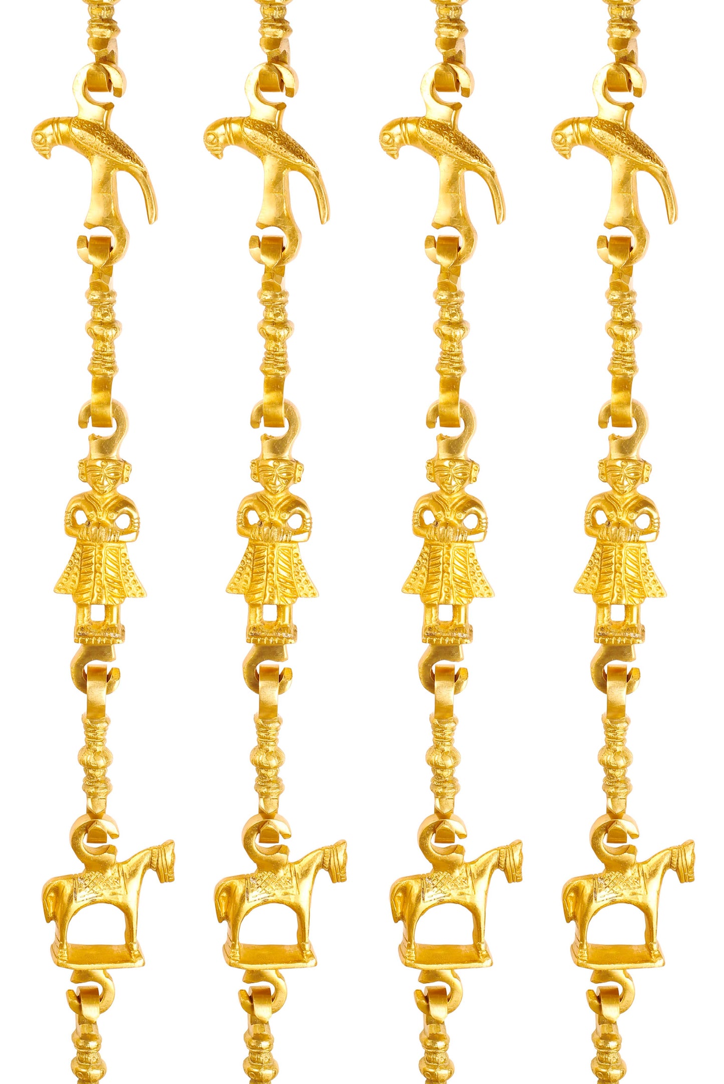 Pure Brass Jhula Chain Parrot, Men Guard, Horse with 3 step Designer Chain 192.79 cm Each, Set of 4