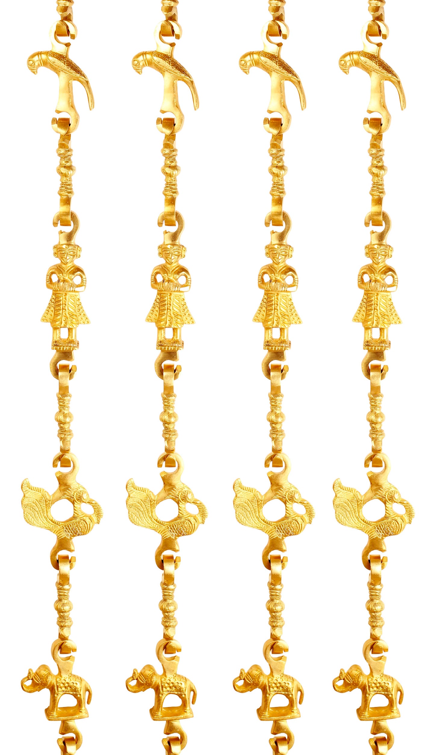 Brass Jhula Chain Parrot, Men Guard, Peacock, Elephant With 3 step Designer Chain 193.29 cm Each, Set of 4