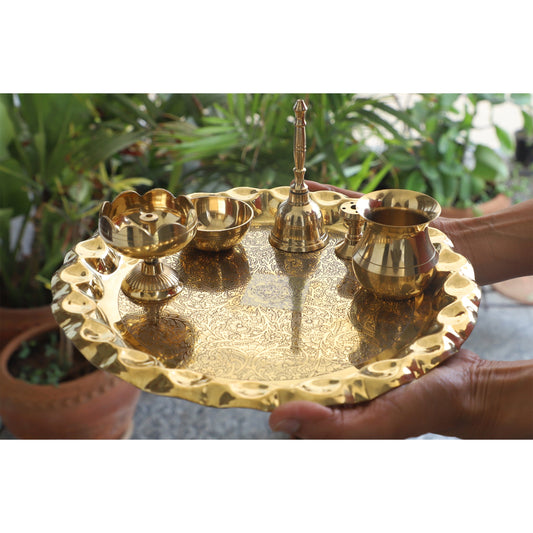 Pure Brass Handmade Embossed Pooja Thali Set with perfect Space & Raised Borders , Spiritual Item, 25.65 cm