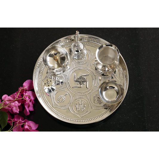 Silver Plated Puja Thali Set With Shine Finish Design , Religious Spiritual Item, Home Temple, Diameter- 20.32 cm