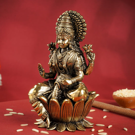 Pure Brass Goddess Laxmi Ji Murti Seated on Lotus