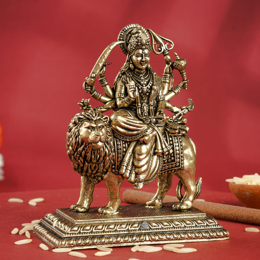 Pure Brass Durga Maa Sitting on Lion with Divine Weapons