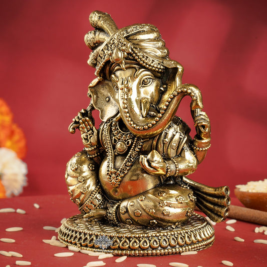 Pure Brass Ganesh Ji Statue With Turban and Modak