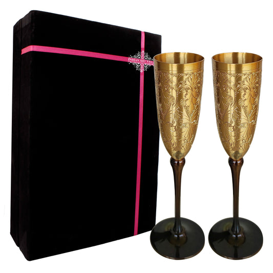 Brass Matt Finish Plain & Embossed Design Flute Champagne Two Glasses Gift Set With Black Velvet Box, Volume- 200 ML