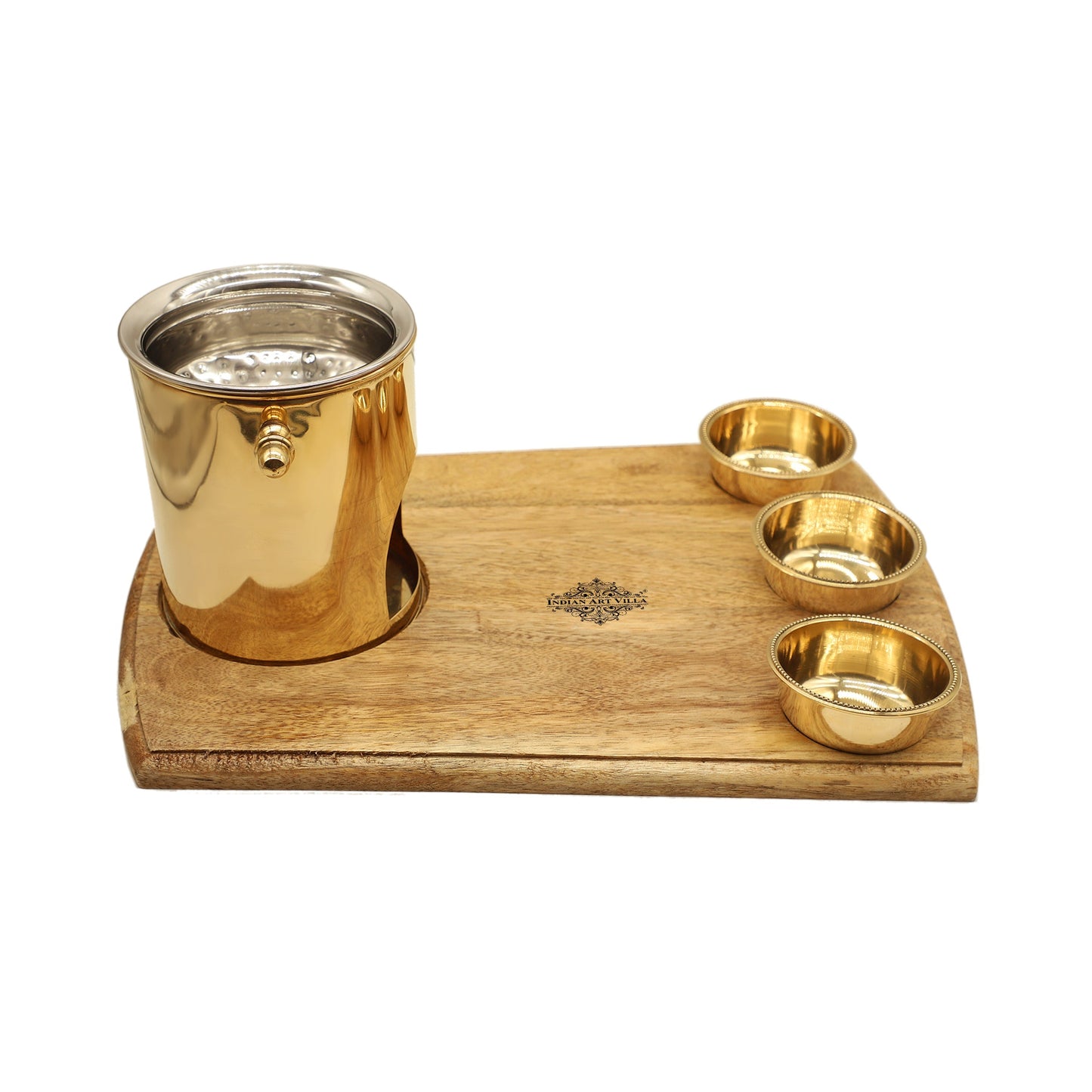Brass Food Warmer With Wooden Bottom & 3 Bowls and Steel Lid, Tabelware Tandoor For Home, Hotel& Restaurants, Size-15.75 cm x 40.64 cm