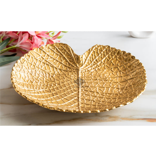 Gold Finish Antique Lacquer Matte Lotus Leaf Design Decorative Platter, Elegant Tableware for Home Decor