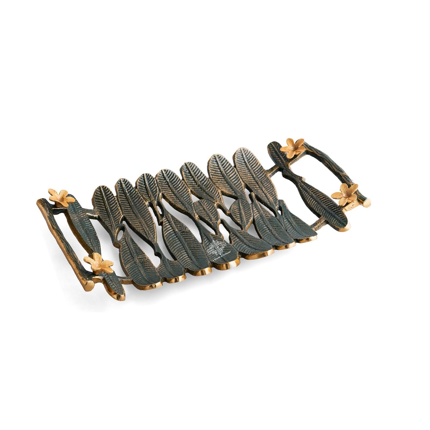 Brass Finish Banana Leaf Design Decorative Tray – Green & Gold Rectangular Serving Tray, Multi-Purpose Organizer for Home, Festive Décor, and Gifting