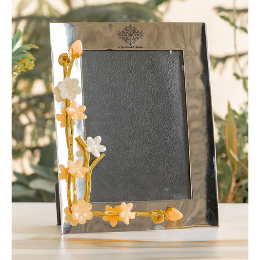 Silver Plated Photo Frame, Lotus Bird Flowers Design, 9.5x7.5 Inches Frame for 7x5 Photo Size, Ideal for Home Décor