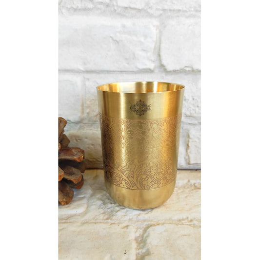 Pure Brass Glass / Tumbler With Matt Finish Embossed Design-300 ML