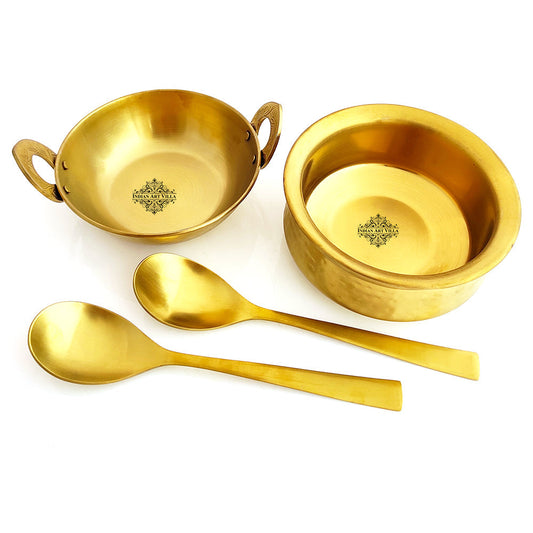 Set of Steel with Brass Finish D/W Hammered Design Handi No.2, Kadhai No.2, Serving Spoon x2, 4 Pieces Set