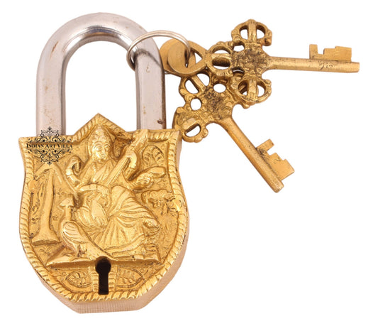 Pure Brass Saraswati Ji Design Big Lock with 2 Keys