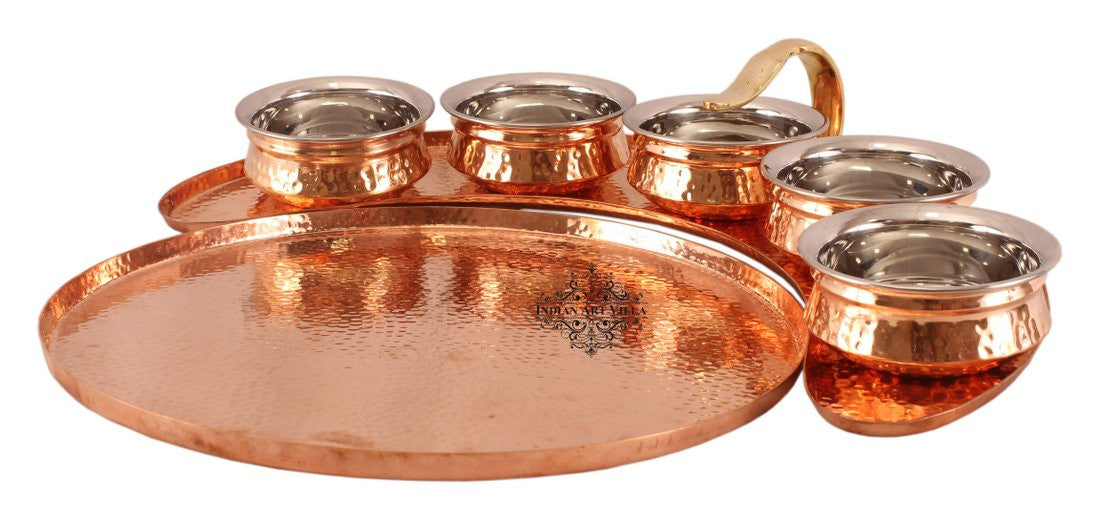 Handmade Pure Copper Maharaja Style Full Moon Tray Plate with 5 Serving Sauce Pots