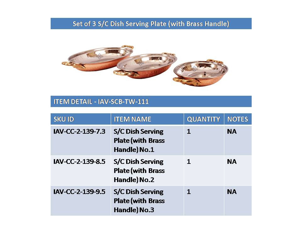 Steel Copper Set of 3 Oval Serving Platter Plate with Brass Handle