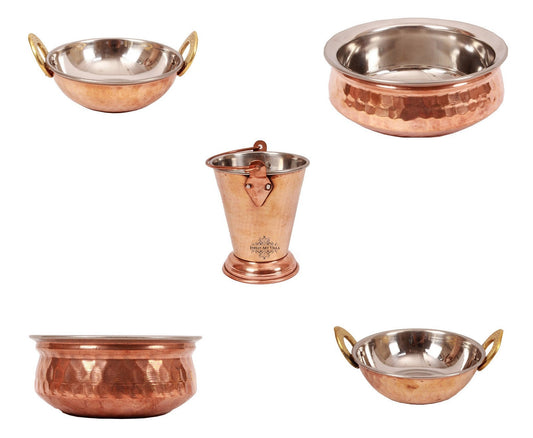 Handmade Pure Steel Copper 2 Kadhai 2 Handi 1 Bucket Serving Set