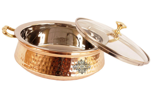 Handmade Pure Steel Copper Casserole Donga with Bread Basket