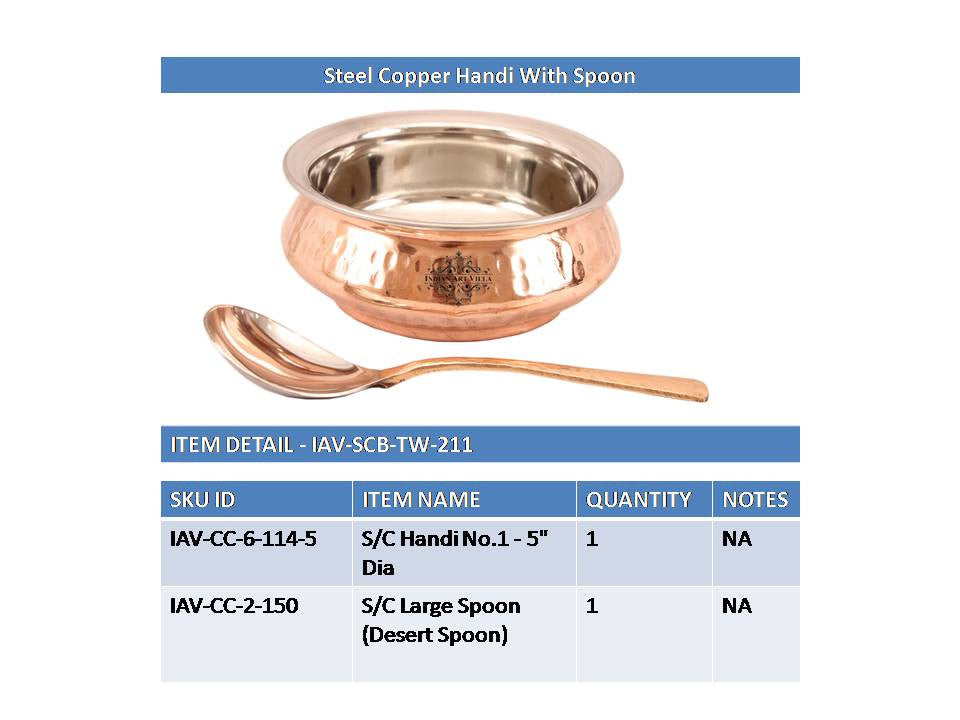 Pure Steel Copper Hammered Design Handi with Serving Spoon