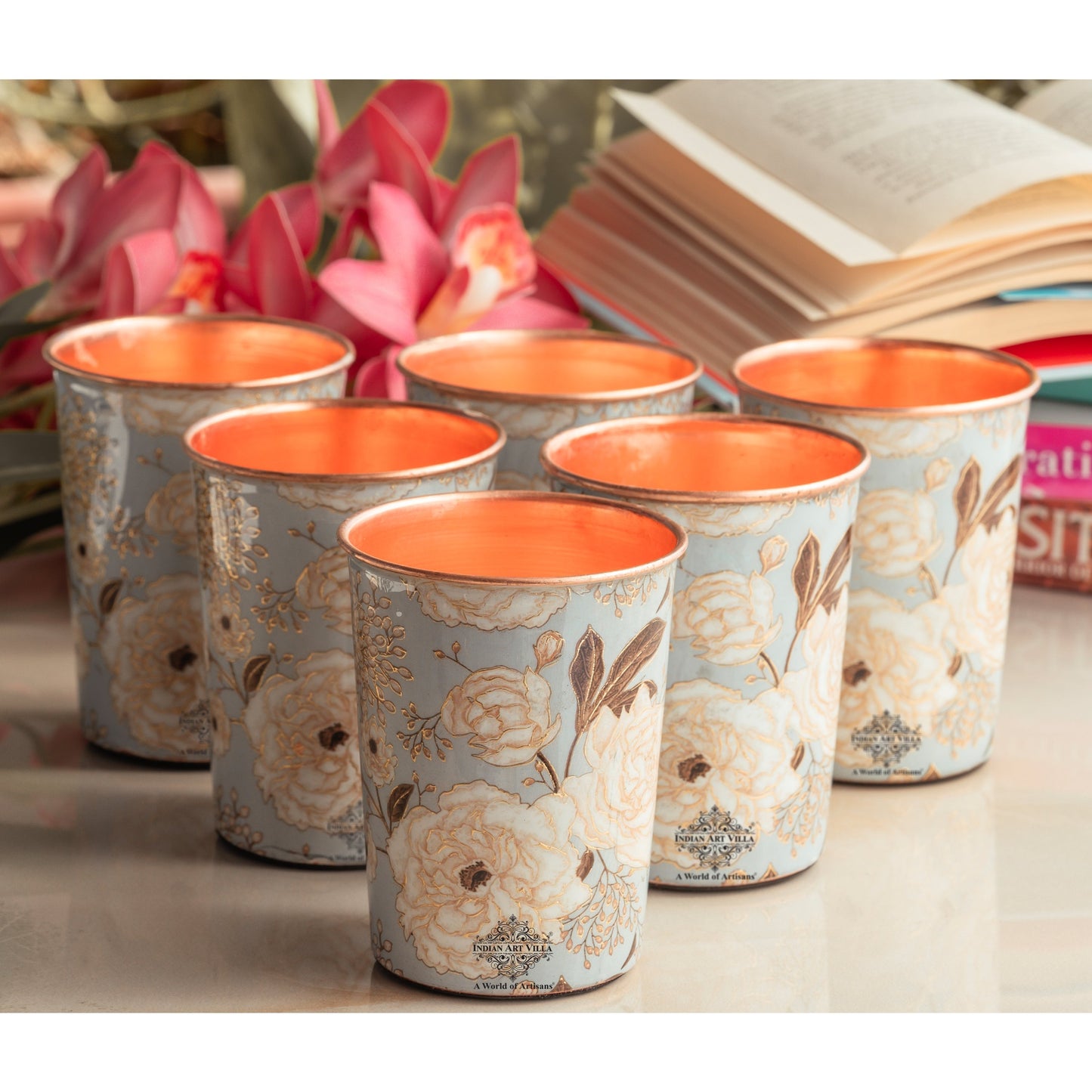 Pure Copper Gold Flower Print Glass – 275 ML