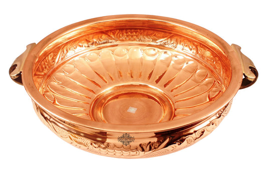 Copper Embossed Design Urli with Brass handles Decorative Platter