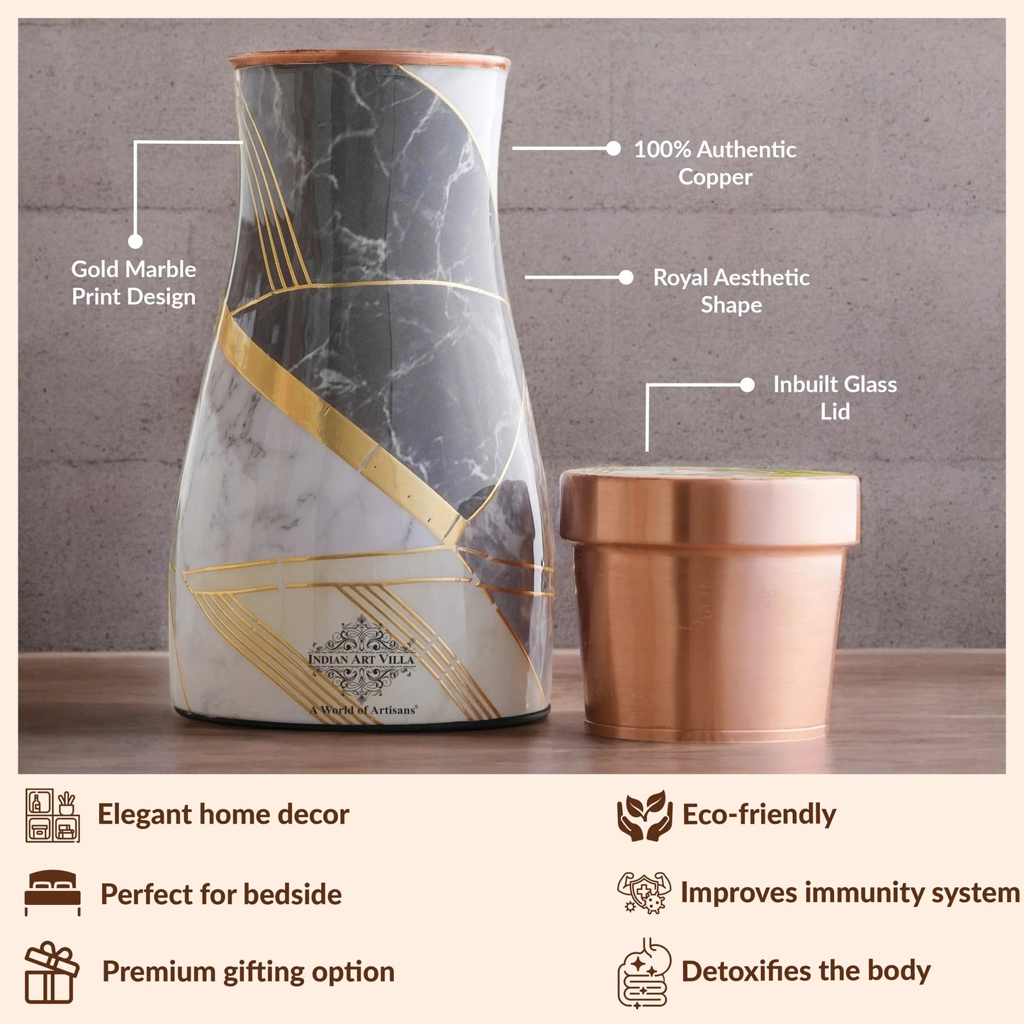 Pure Copper Gold Print Luxury Design Bedroom Bottle, Home Décor, Marble Finish, 950 ml