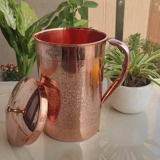 Pure Copper Embossed Jug With Brass Knob on Lid