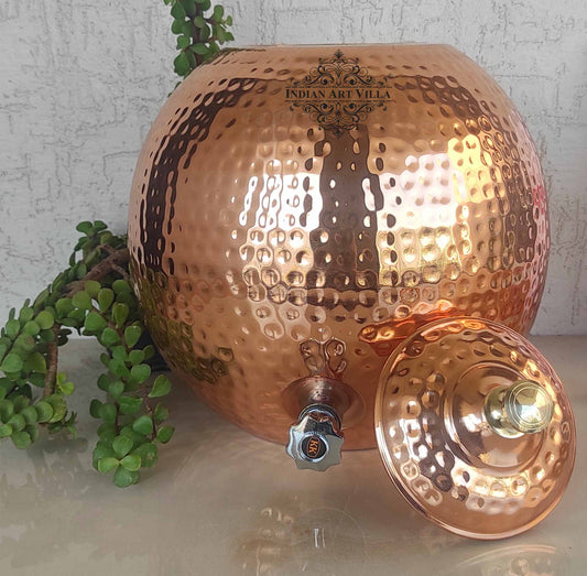 Pure Copper Hammered Matka with Lid, Brass Tap & Knob 12Ltr