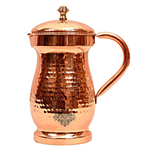 Pure Copper Hammered Maharaja Style Jug With Brass Knob on Lid-1350 ML
