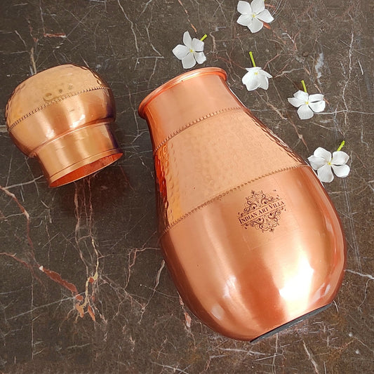 Pure Copper Hammered Design Bedroom Water Bottle with Inbuilt Glass