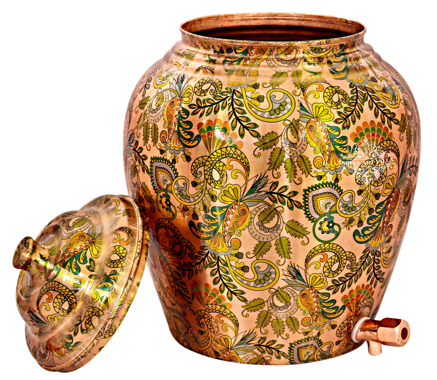Handcrafted Pure Copper Water Pot with Leaf Design, Brown Color