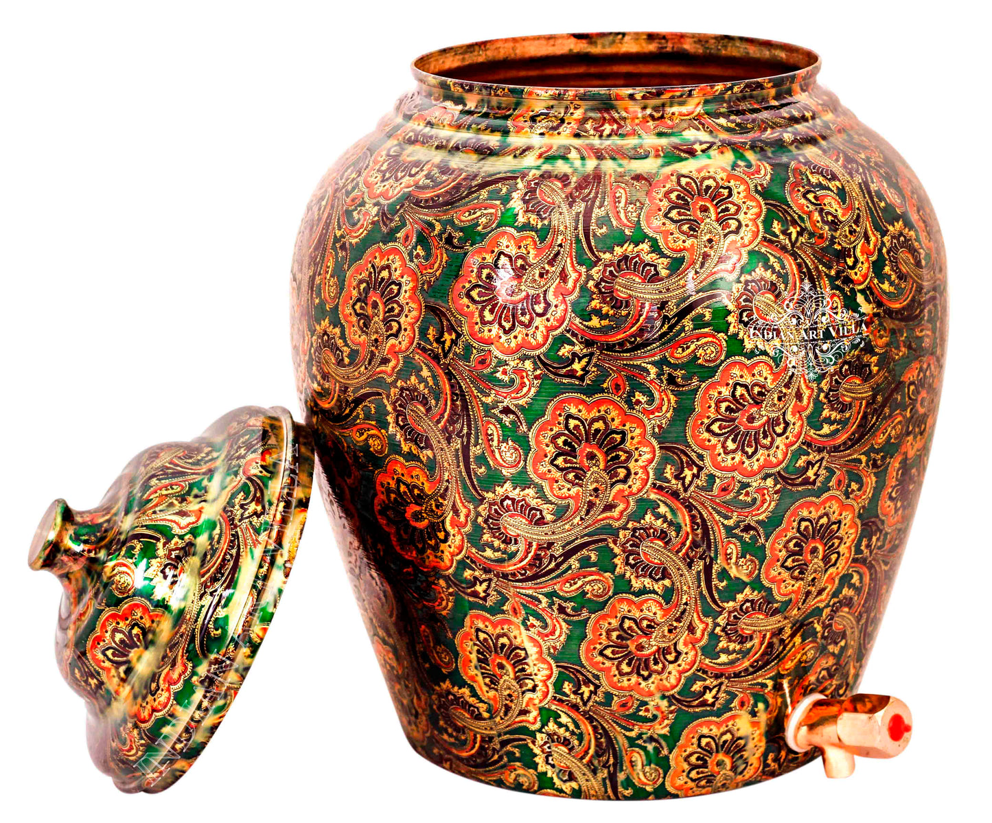 Handcrafted Pure Copper Water Pot with Printed Flower Design, 13 Ltr.