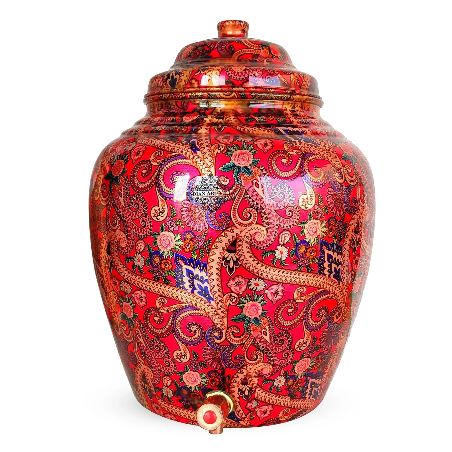 Printed Copper Water Dispenser Pot Matka In Candy Red Abstract Print With Brass Tap, Storage, Home Kitchen Garden