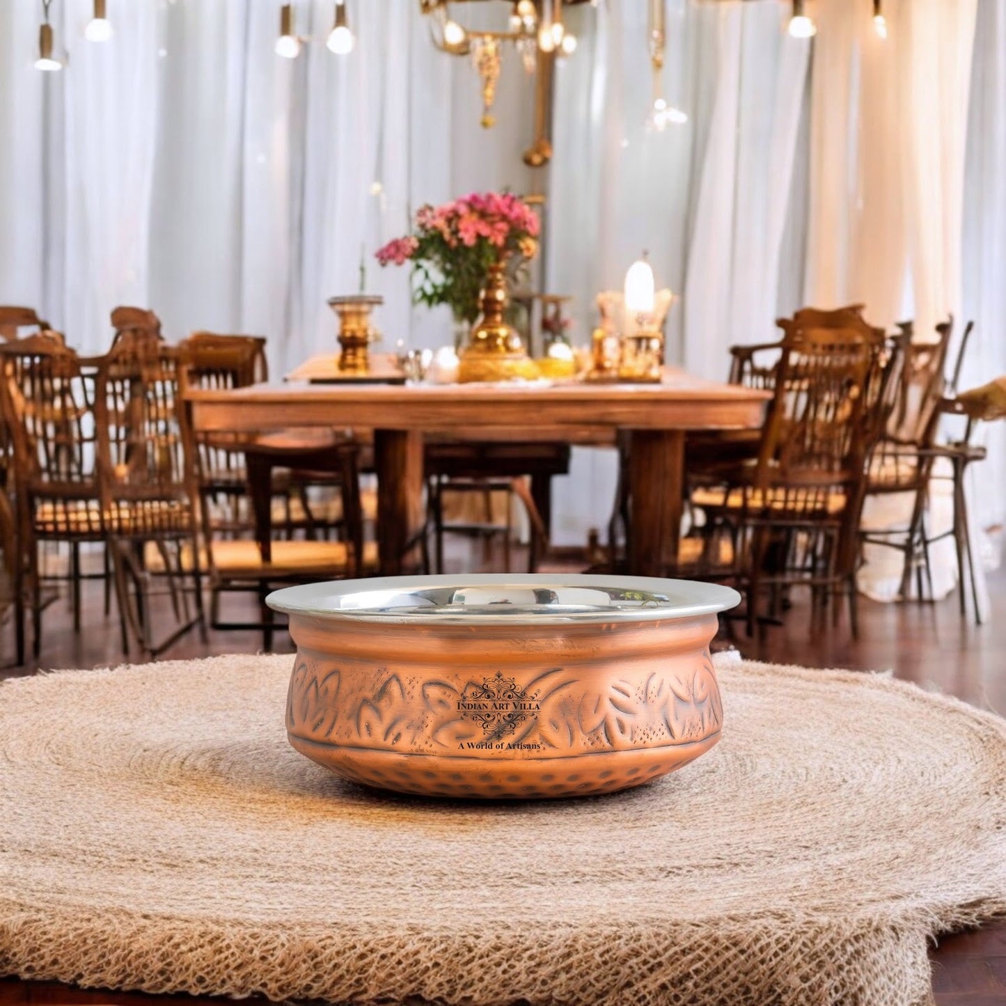 Indian Art Villa, Pure Steel Copper Embossed Design Serving Handi/Bowl/Casserole, Ideal for Home & Restaurant Tableware and Serveware