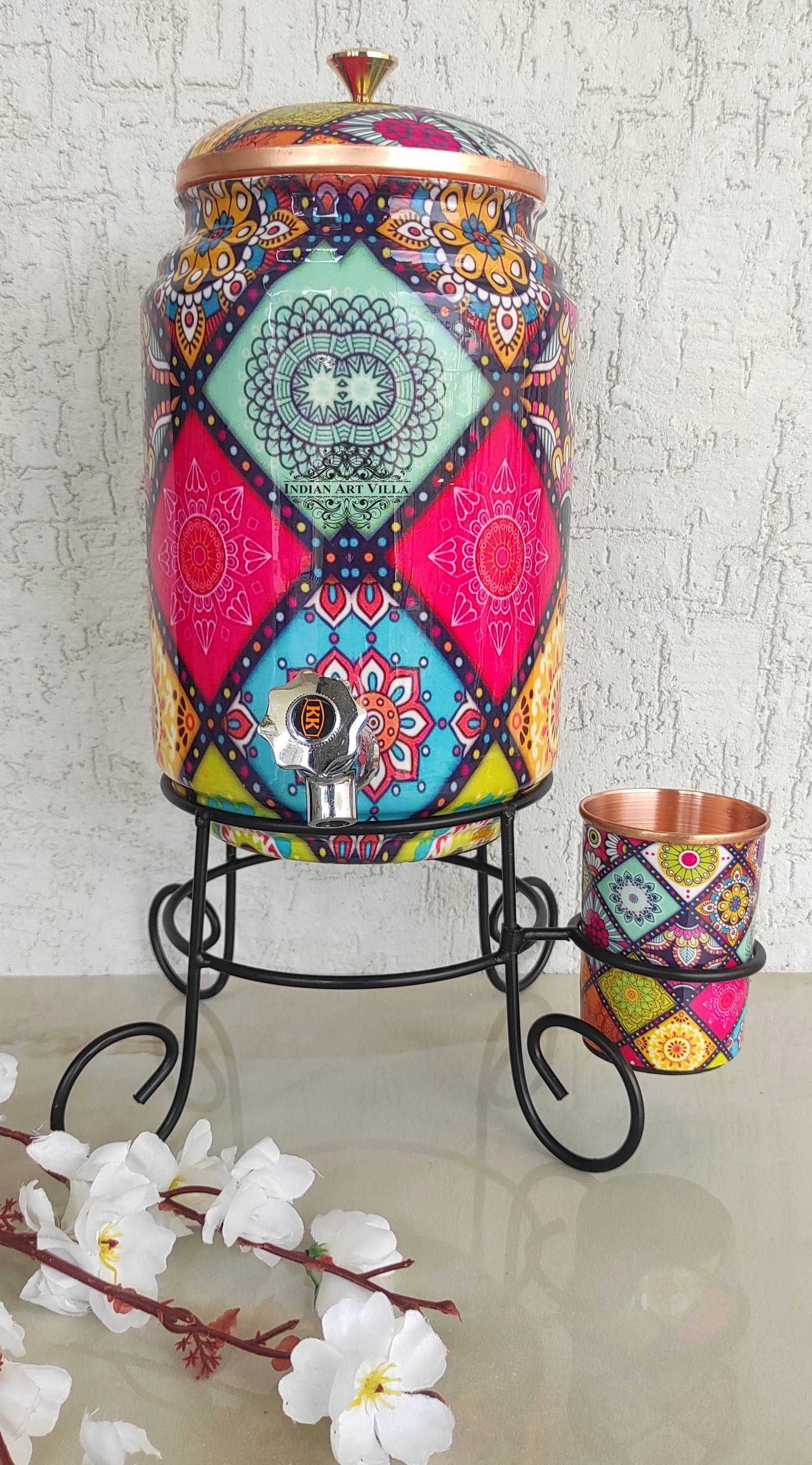 Copper Water Pot With Stand & Glass | Beautiful Printed Pot | Multicolor | 5 Litres