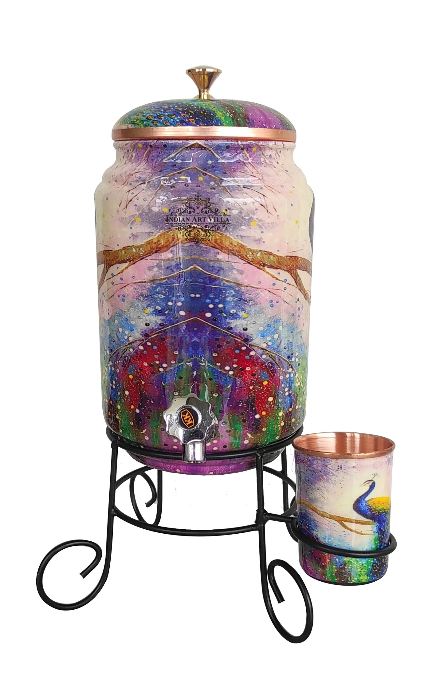 Copper Colorful Peacock Printed Design Water Pot With Stand & Glass 5 Litres