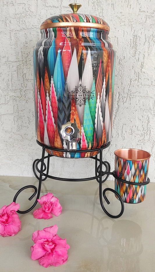 Pure Copper Colorful Spikes Printed Design Water Pot Heavy Gauge with Brass Tap & Copper Glass & Stand | Serveware | Drinkware | 5 Litres