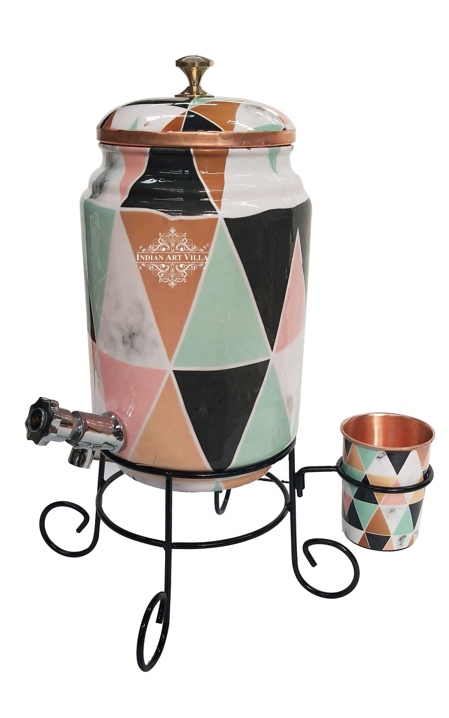 Copper Colorful Triangle Printed Design Water Pot With Stand & Glass | 5 Litres
