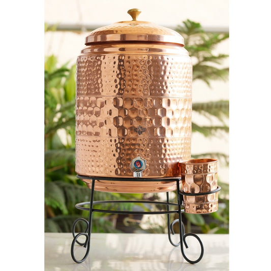 Pure Copper Diamond Hammered Design Water Pot Heavy Gauge with Brass Tap & Copper Glass & Stand
