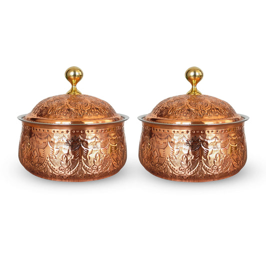 Steel Copper Casserole/Hot Pot With Deep Embossed Design & Brass Knob, Serveware, Tableware & Dinnerware For Home, Hotel & Restaurants
