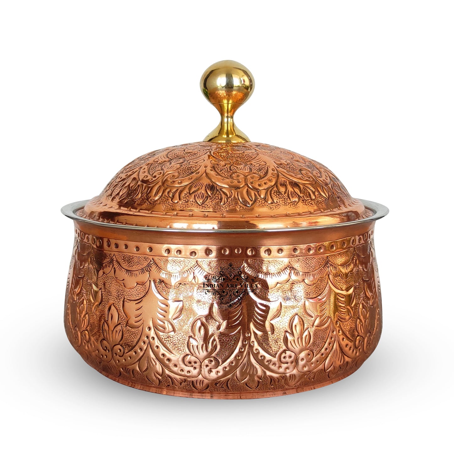 Steel Copper Casserole/Hot Pot With Deep Embossed Design & Brass Knob, Serveware, Tableware & Dinnerware For Home, Hotel & Restaurants