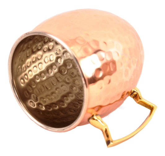 Pure Copper Hammered Round Shaped Moscow Mule, Beer Mug with Designer Brass Handle & Tin Lining, Barware, 530 ML