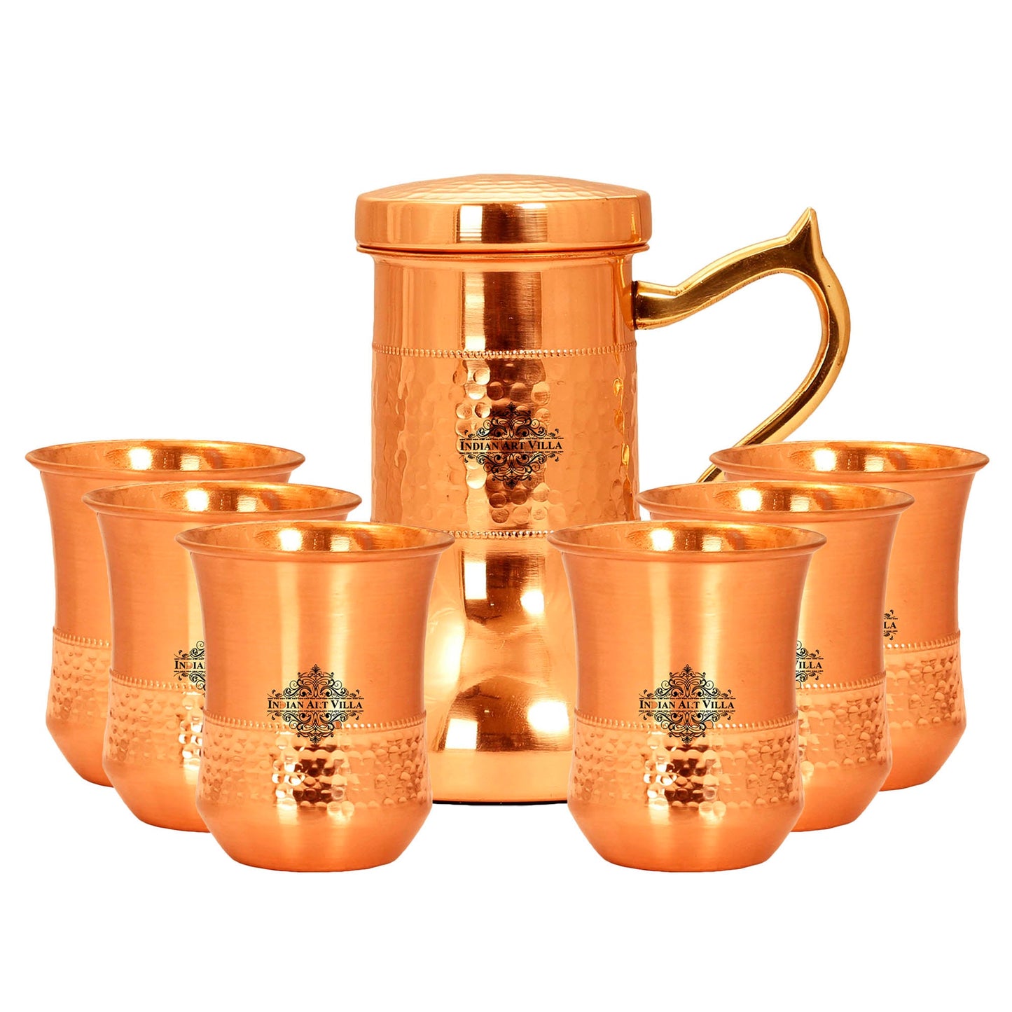 Copper Designer Hammered & Smooth Bedroom Bottle With handle and Copper Glasses,Drinkware, Diwali Anniversary Party Christmas Gift Set